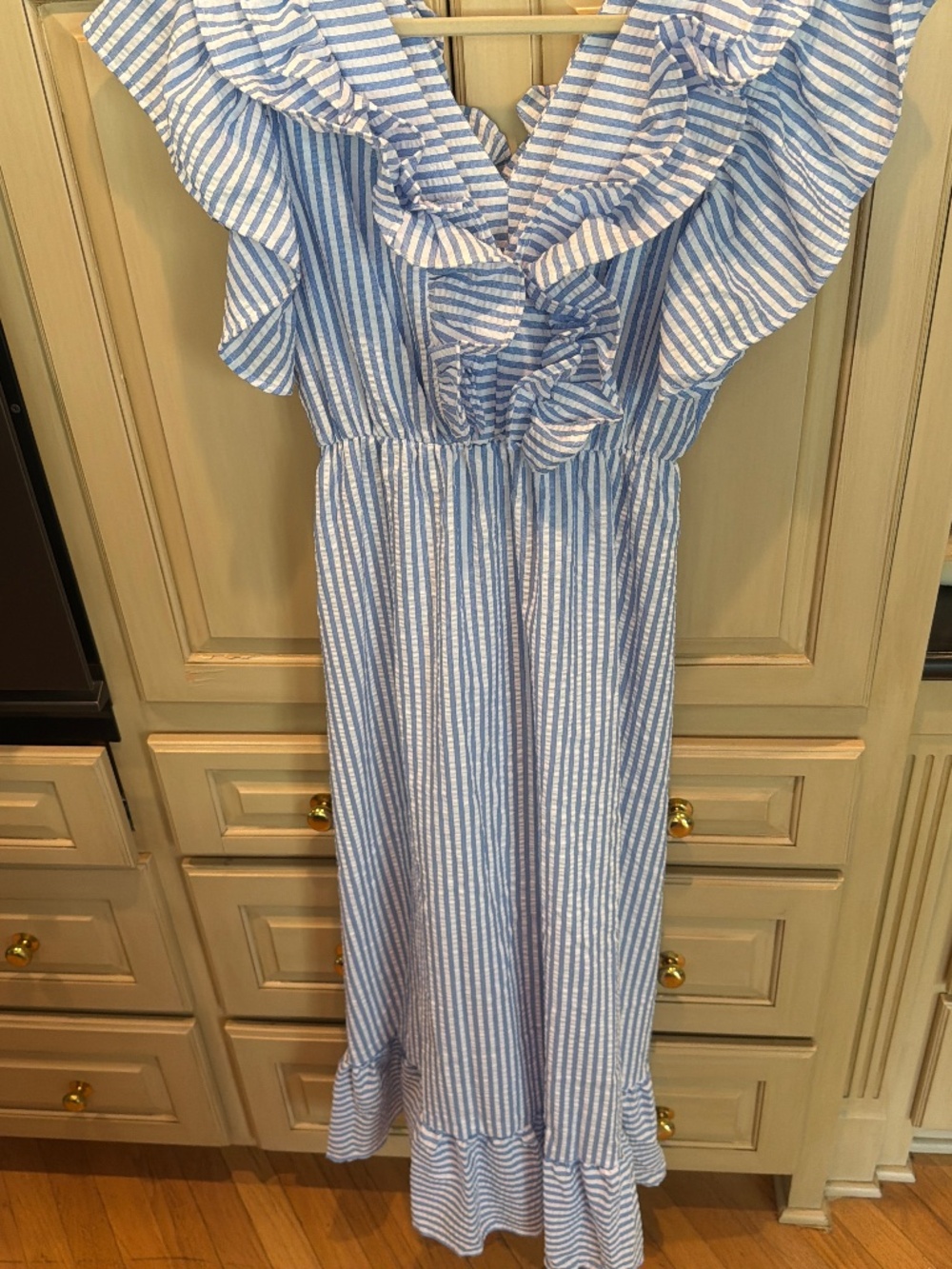 Online boutique maxi dress with front and back v neck with frills